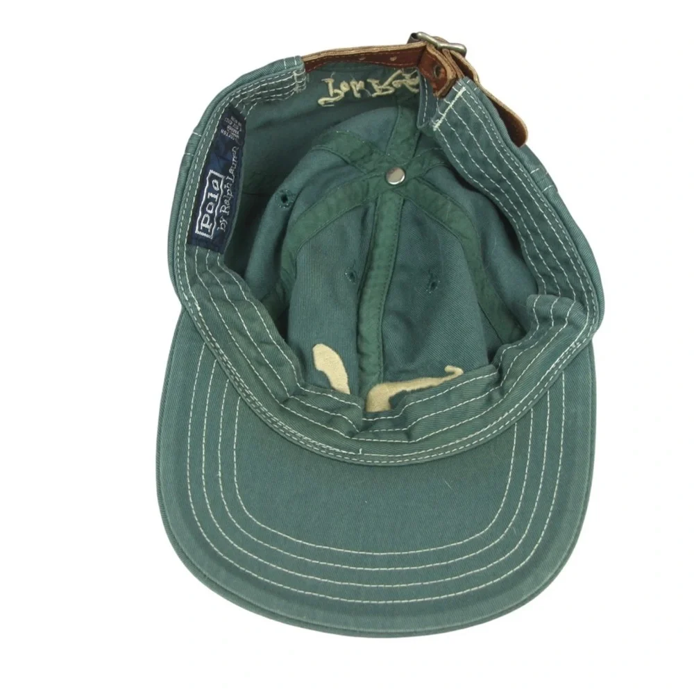 VTG Polo Ralph Lauren Cursive Font Emb Logo Leather Strap Hat Adult OS Green EUC